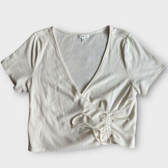 BP WRAP WAFFLE KNIT TOP RUCHING AT WAIST NEUTRAL IVORY CREAM 2X - Picture 2 of 9